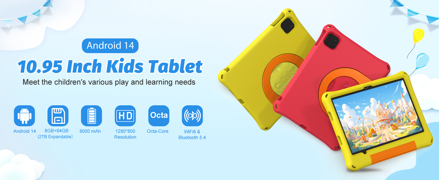 Callsky 10.95 Inch Kids Tablet with EVA Shockproof Case(Red/Yellow)